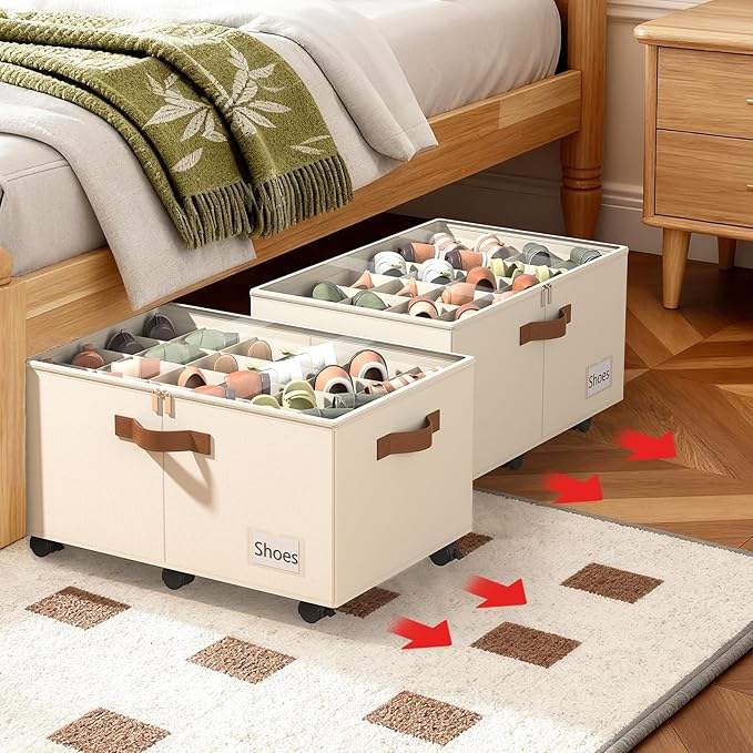 Foyego Shoe Organizer for Closet, Shoe Storage Organizer with Wheels and Adjustable Dividers, Stackable Shoe Storage Box with Clear Cover, Foldable Closet Shoe Organizer Fits up to 24-48 Pairs, Beige