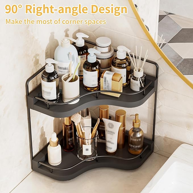 2-Tier Corner Bathroom Counter Organizers, Stable Wood Vanity Shelf for Perfume, Skincare & Makeup, Larger Size Countertop Organizer and Storage for Bathroom, Kitchen and Dresser(Black)