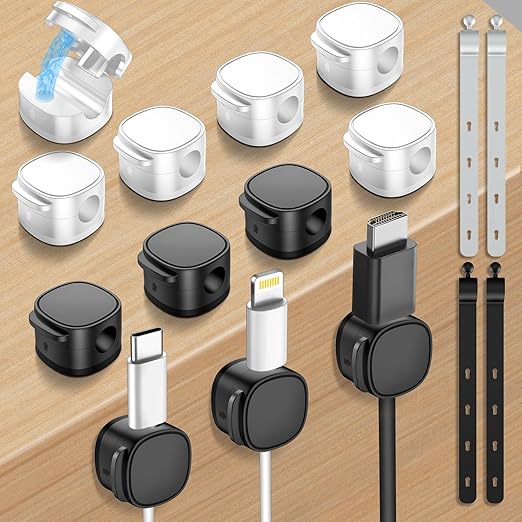 12 Pack,Magnetic Cable Clips & Silicon Cable Ties,[Cable Smooth Adjustable Under Desk Organizer],Cable Management,Cord Holder-Desk Stand Cable Organizer Holding,Adhesive for Home Cable Keeper