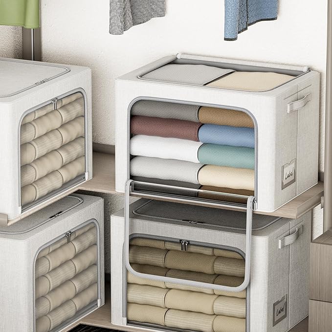 4 Pack Clothes Storage Bins with Metal Frame - 66L Stackable Storage Box with Lid，Foldable Storage Container Organizer for Clothes，Linen Fabric Storage Box with Clear Window＆Zippers＆Handles