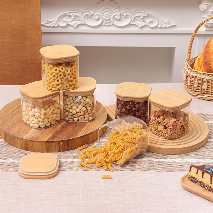 Moretoes 6 Pack 0.6qt Square Glass Storage Containers with Bamboo Lids, Airtight Food Storage Jars for Pantry, Spices, Dry Goods
