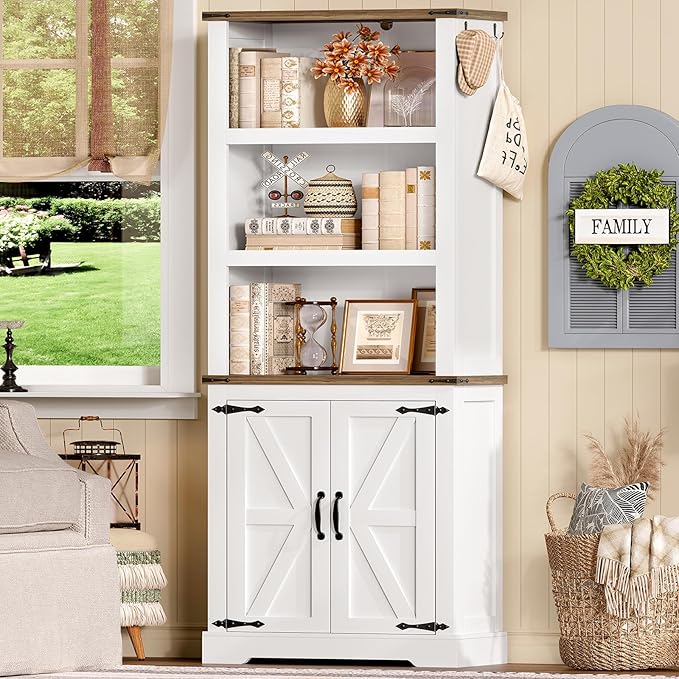 TEENFON 70.9in Tall Storage Cabinet with Adjustable Shelves, Kitchen Pantry Cabinet with 2 Barn Doors, 5 Tiers Farmhouse Bookcase for Living Room, Kitchen, Home Office, Bedroom, White