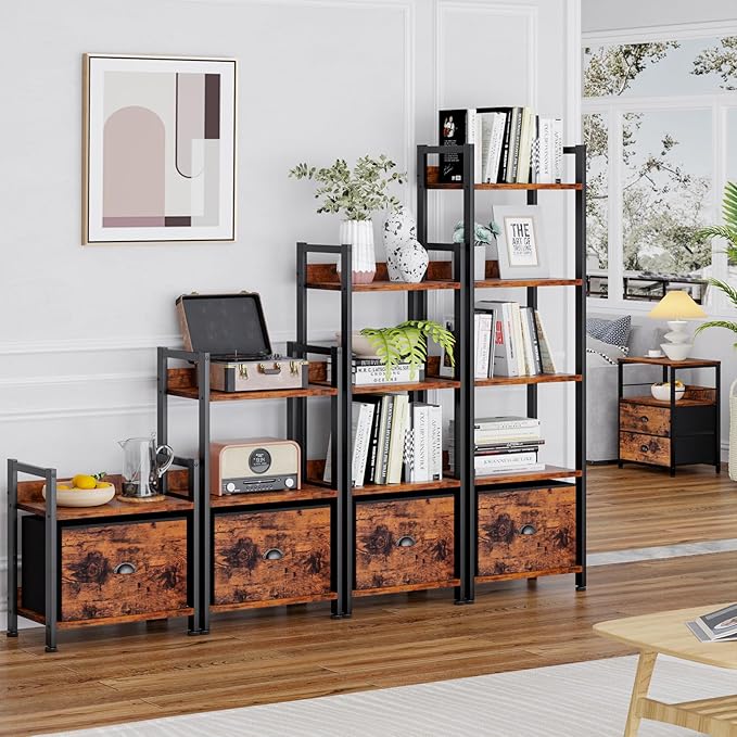 5 Tier Bookshelf with Drawer, Tall Narrow Bookcase with Shelves, Rustic Brown