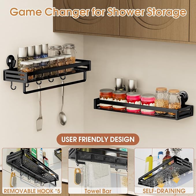 Suction Cup Shower Caddy, 15.7 inch Extended Version, with 5 Hooks & Towel Rrack, No Drilling Required, Rust-Resistant Bathroom Shower Organizer, Black