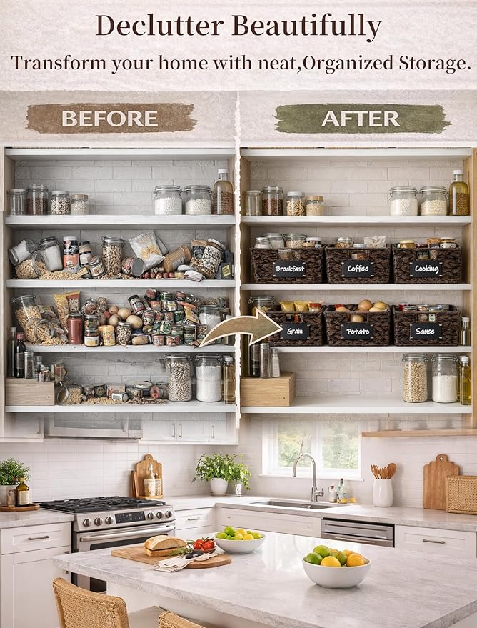 Pantry Organizers and Storage, Water Hyacinth Storage Baskets for Shelves, Brown Baskets for Organizing, Pantry Baskets with Chalkboard Labels and Marker