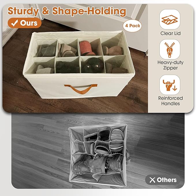 4-Pack Shoe Organizer for Closet, Foldable Shoe Storage Box with Adjustable Dividers & Clear Cover, Fits 32 Pairs, Beige, Durable and Space-Saving
