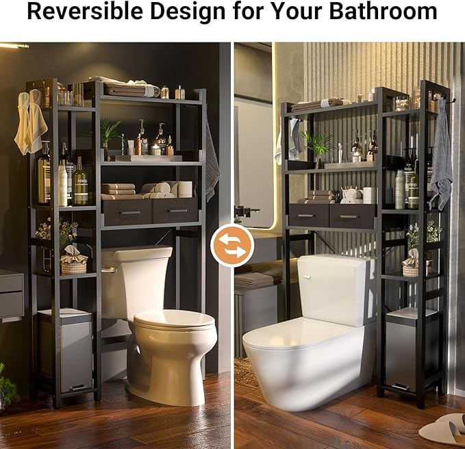 Besiost Over The Toilet Storage with 2 Drawers - 7 Tier Bathroom Organizer with Adjustable Shelf, Freestanding Space Saver Storage Rack Above Toilet Stand with 4 Hooks for Restroom, Laundry, Black