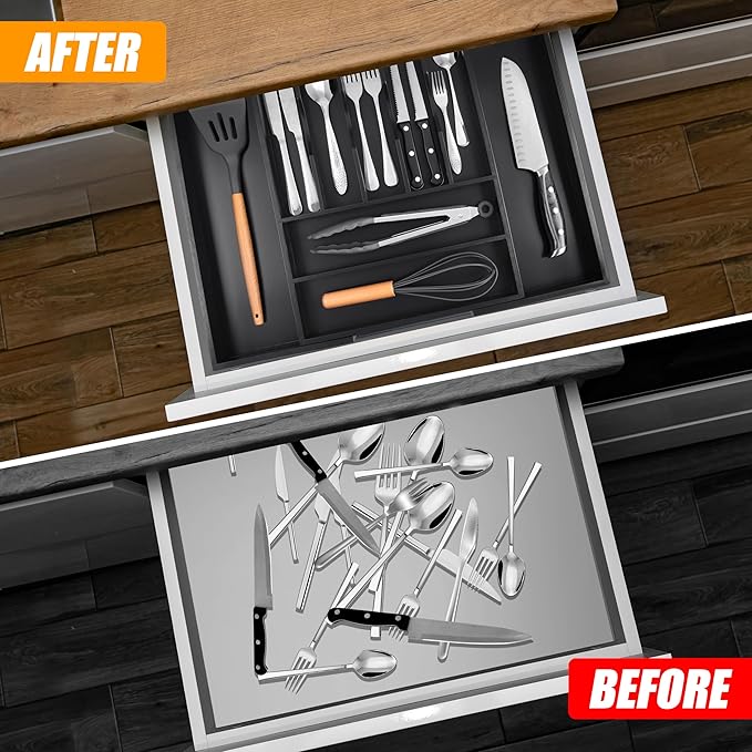 Large Premium Bamboo Silverware Organizer, 7-9 Slot, Black