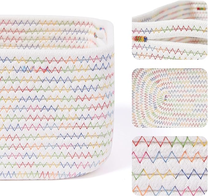 MiniArk Small Storage Baskets for Organizing | Closet Organizer Bins | Shelf Toy Basket | Woven Rope Baskets | Cube Decorative Box | Shallow Basket | 13x8.5x5.1” | 3 Packs Rainbow