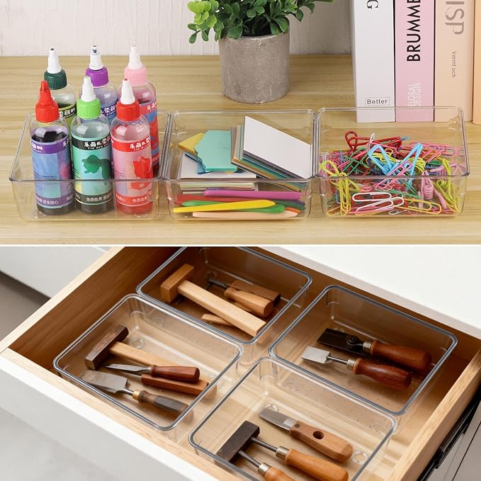 6 Pcs Large Clear Plastic Drawer Organizers Tray 6" x 6" Storage Bins with 25