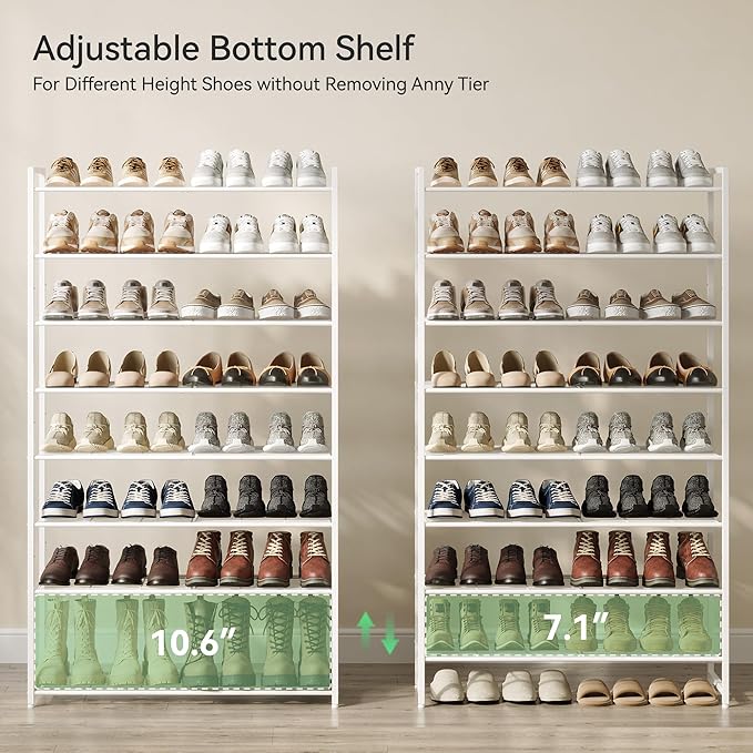 Nunsino Shoe Rack for Closet, Metal Shoe Organizer, 8 Tier Garage Shoe Rack Max Holds 40 Pairs,Shoe Storage Shelf,Entryway, White