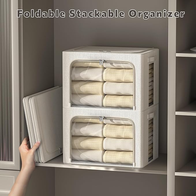 FHSQX 2 Pack Clear Window Storage Bins - Large Stackable Linen Fabric Storage for Clothes Foldable Container Organizer Set with Carrying Handles (Lvory White, 16.5x 12.2x 12.2Inch)