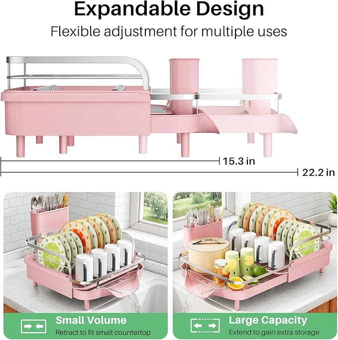 Dish Drying Rack, Expandable Dish Rack for Kitchen Counter, Pink