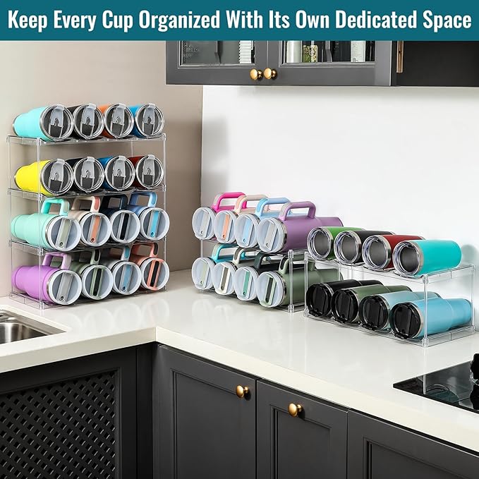 Design for Stanley 40 OZ & Large Bottles & Tumblers with Handle - Acrylic Water Bottle Organizer - Stackable Clear Wine Rack Cup Holder for Home Kitchen Pantry Shelf Countertop Cabinet, 3 Tier Hold 12