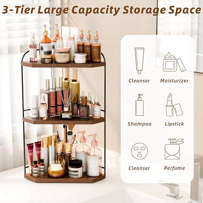 Corner Bathroom Counter Organizer, 3-Tier Wood Countertop Organizer for Perfume, Makeup Storage, Skincare Organizers for Vanity, Counter Corner Shelf for Kitchen, Bathroom, Dresser (Rustic Brown)