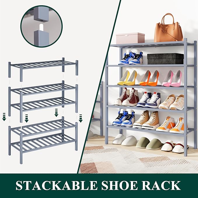 Smiry Bamboo Shoe Rack, 3 Tier Free Standing Wooden Shoe Organizer, Stackable Wood Shoe Storage Shelf for Closet, Entryway, 12 Vertical Slats, 2+1 Stack Standard Legs, 26.8"x11"x19.5", Grey