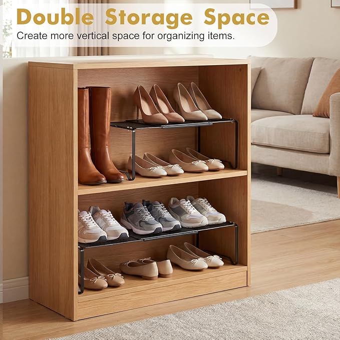 Extendable Dense Mesh Metal Shelf - 15-24.4in Adjustable Stackable Organizer for Kitchen, Bathroom, Shoe Cabinet & Tool Closet, Dust-Proof Small Item Friendly Storage Rack (2 Piece, Black)