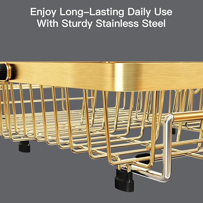 MAJALiS Gold Dish Drying Rack Over The Sink, Expandable Stainless Steel Dish Drainer for Small Kitchen Counter Space Saving, RV Compact Plate Strainer in Metal with Hanging Adjustable Utensil Holder