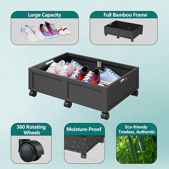 WISUCART Wood Under Bed Storage Containers Underbed Organizer with Wheels Sturdy Wood Rolling Under Bed Shoe Storage Organizer 2 Packs (Black, Small)