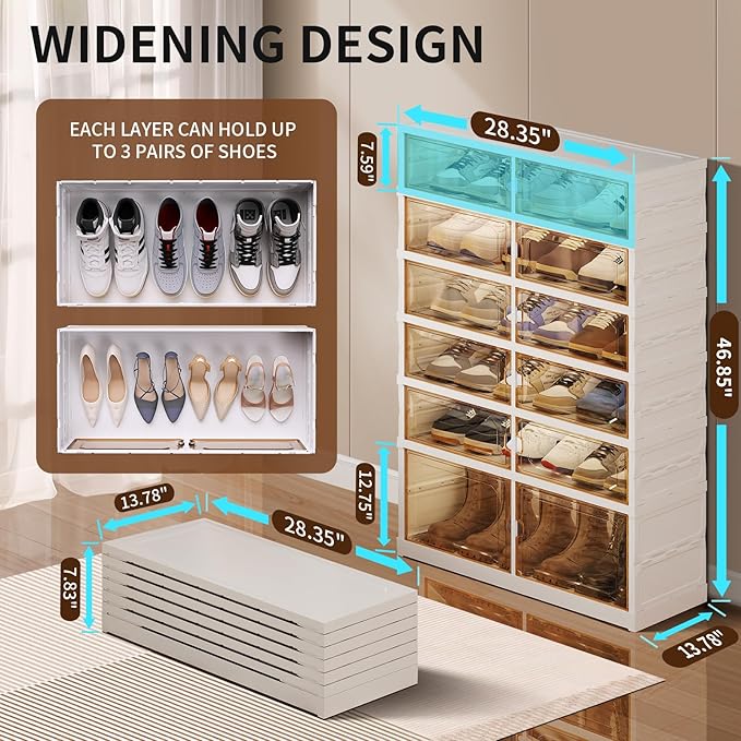 CIMLORD 6-Tier Foldable Shoe Rack Organizer for Closet, 18 Pairs Collapsible Plastic Shoe Shelf, Large Shoes Cabinet with Door, Clear Stackable Storage Box Easy Assembly White