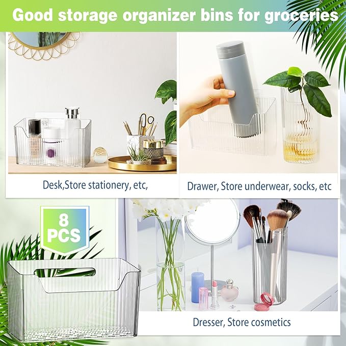 SiliFine 8 Pcs Storage Organizer Bins Wall Mounted Organizer Basket Plastic Cabinet Door Bins Stackable Hanging Baskets for Organizing for Wall Refrigerator Kitchen Bathroom Pantry(3.35'',White)