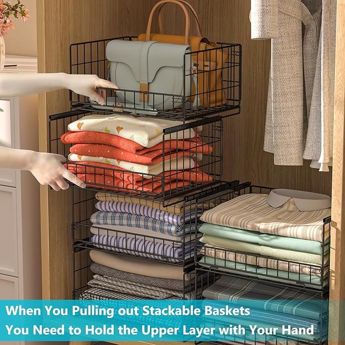 Hongtamoya 4-Tier Sliding Closet Organizers and Storage Shelves, Stackable Closet Shelf Organizer Basket Bins, Drawer Shelf Storage Container for Wardrobe Cupboard Kitchen Bathroom Office, Black