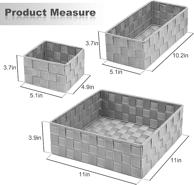 Posprica Drawer Organizer Bins,Woven Strap Storage Box Cube Basket Containers Divider for Organizing drawers, Shelves, Closets, Cabinets, Dressers and Countertops,set of 4, Light Grey
