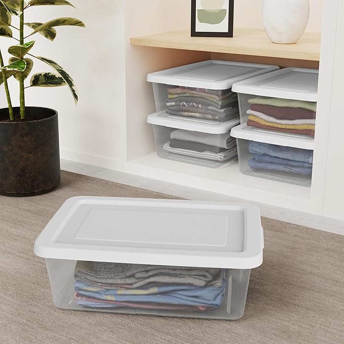 Sterilite 45 Pack Storage Box, 12 Quart Stackable Tote, Clear Plastic Container with Secure Snapping Lids for Home and Office Organization, White