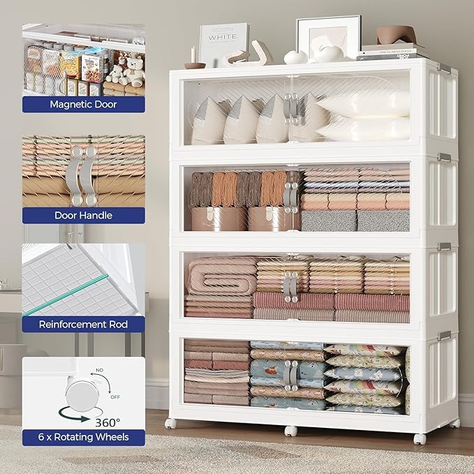 240Gal/960QT 4-Tiers Extra Large Stackable Storage Bins with Lid, Collapsible Cabinet Closet Organizer Plastic Container Box with Wheels Doors Drawers for Office Dorm Kitchen, White