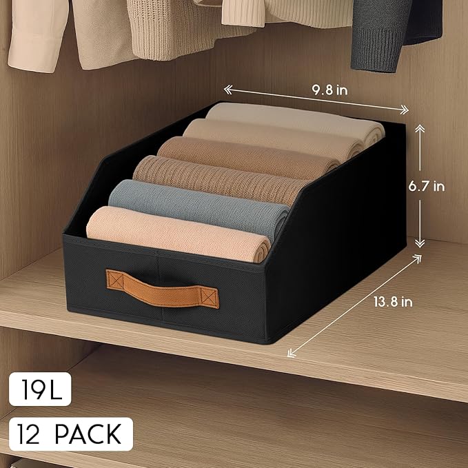 Homsorout Fabric Storage Bins for Organizing - 12 Pack Large Trapezoid Collapsible Storage Bins with Front Handle, Closet Organizers and Storage for Bedroom, Home Shelves, Small Spaces, Black