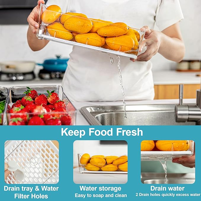 4-Pack Stackable Fruit Storage Containers for Fridge, Clear Pull-Out Drawer Organizer Bins with Lids & Drain Tray, Keep Fresh, Removable Refrigerator Container for Berry, Veggie, Drinks, Food