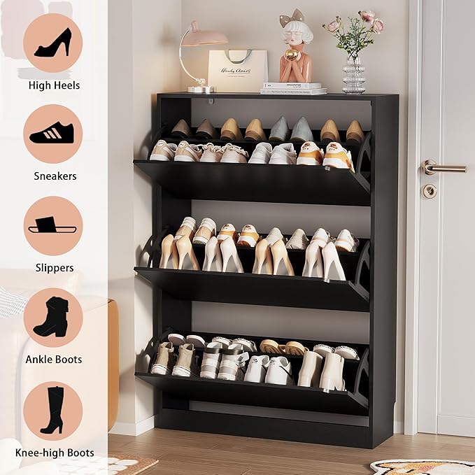 Shoe Storage Cabinet, Wood Shoe Organizer for Entryway with 3 Flip Drawers, Freestanding Shoe Rack with Adjustable Shelf, Narrow Shoe Dresser for Front Door Entrance(Black, 47.2" x 31.5" x 9.25")