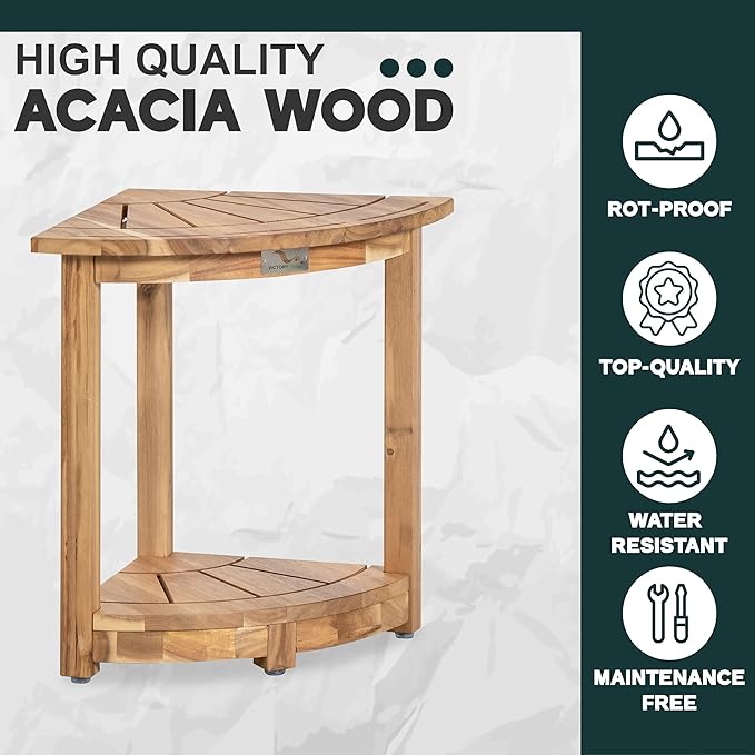 VICTORY RELAX Acacia Wood Corner Shower Shelf for Inside Shower – Waterproof Shower Bench & Foot Rest for Shaving Legs, Small Bathroom Spa Seat, Light Natural Color (17.9")