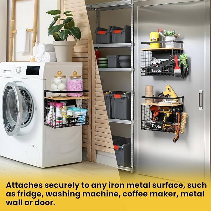 [WIDER SHELF] 2 SET Strong Magnetic Shelf Basket for Fridge with Tag & Bamboo Top, XXL Large Magnetic Spice Rack Shelves for Side of Refrigerator, Kitchen Pantry Storage Organizer for Food Fruit Veg