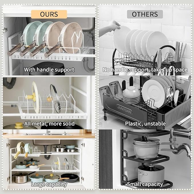 Pots and Pans Organizer Under Cabinet, Expandable 21-35in Length, Adjustable Height Under Sink Shelf 2 Tier with 10 Dividers Under Cabinet Shelf, Pot and Pan Lid Holder Rack (White)