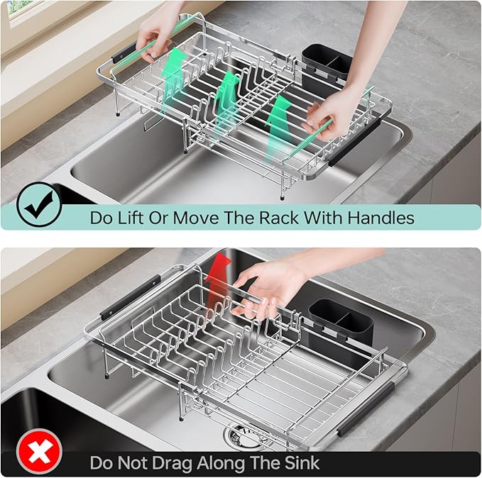 Urackify Dish Drying Rack in Sink - Stainless Steel Expandable (14.5''-18''L) Over The Sink Dish Rack with Utensil Holder, Space-Saving Dish Drainer for Kitchen Counter, Silver