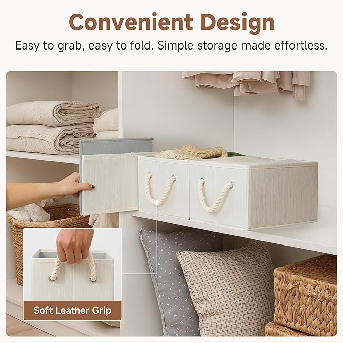 StorageWorks Fabric Storage Bins for Shelves, Storage Baskets for Closet Organization, Organizer Bins for Clothes Storage, Beige, White & Ivory, 3-Pack, Small
