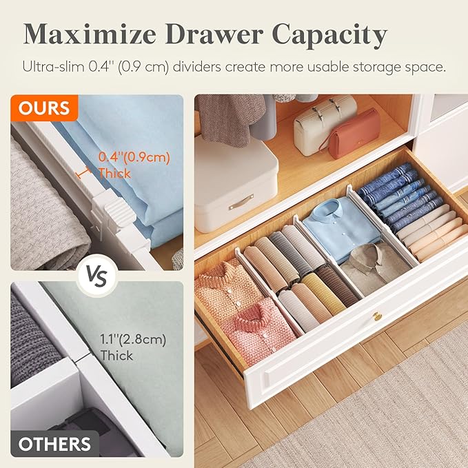 Lifewit 4 Pack 5" High Drawer Dividers for Clothes, 11.5"-18.5" Expandable Dresser Drawer Organizers, Adjustable White Plastic Separators for Kitchen, Cabinet, Nursery, Socks & Underwear Storage