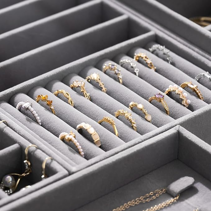 Velvet Jewelry Drawer Organizer Trays – Grey Stackable Jewelry Storage Inserts Set, 4-Layer Jewelry Tray Set for Earrings, Rings, Necklaces, Bracelets with Removable Dividers for Dresser & Vanity