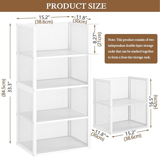 4-Tier Stackable Closet Organizers and Storage Basket, Wire Clothes Shelf Organizer Bins, Sweater Storage for Wardrobe Cupboard, Multifunctional Cube Storage Box for Kitchen Bath Laundry Room, White