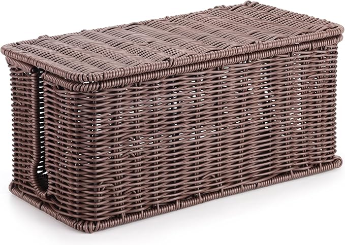 Large Cable Management Box, Handwoven Imitation Rattan Cord Organizer Cord Hider Box, Desk Cord Management Box to Hide Cords and Power Strips, 13.5" L x 6.2" W x 6" H, Dark Brown