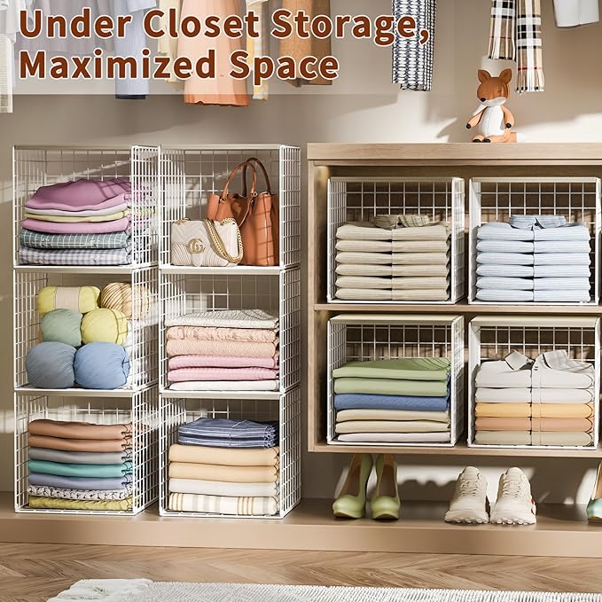 Hencawima 4 Pack Closet Organizers and Storage with Wood Top, Stackable Closet Shelf Organizer, Double Storage Design, Clothes Storage Basket/Cube Organizer for Wardrobe, Sturdy, White