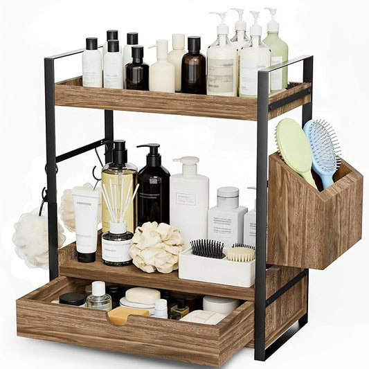 2-Tier Bathroom Counter Organizer with Drawer, Basket & Hooks, Dark Brown