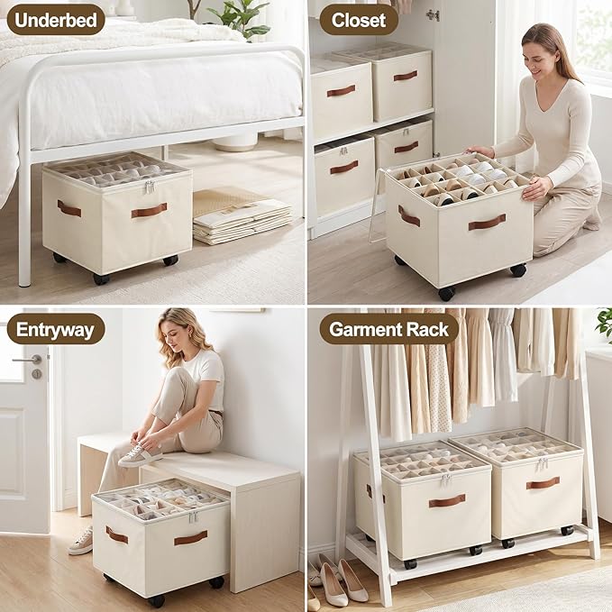 Large Shoe Organizer for Closet, Adjustable Dividers Shoe Storage Box Bins with Wheels Clear Cover Reinforced Handle Fits up to 16 Pairs, Foldable Shoe Organizer for Entryway Beige
