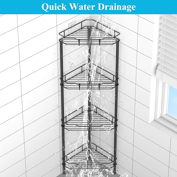 HuggieGems 4 Tier Floor Standing Corner Shower Caddy Organizer Shelf with Hooks, Bathroom Shelves Stand Rack, Matt Black