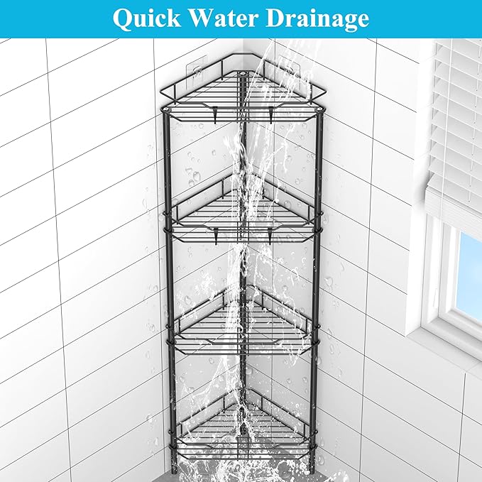 4 Tier Floor Standing Corner Shower Caddy Organizer Shelf with Hooks, Black