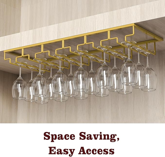 Nuovoware Wine Glass Rack - Under Cabinet Stemware Wine Glass Hanger Rack Holder for Bar Kitchen Cabinet, 6 Rows - Light Gold