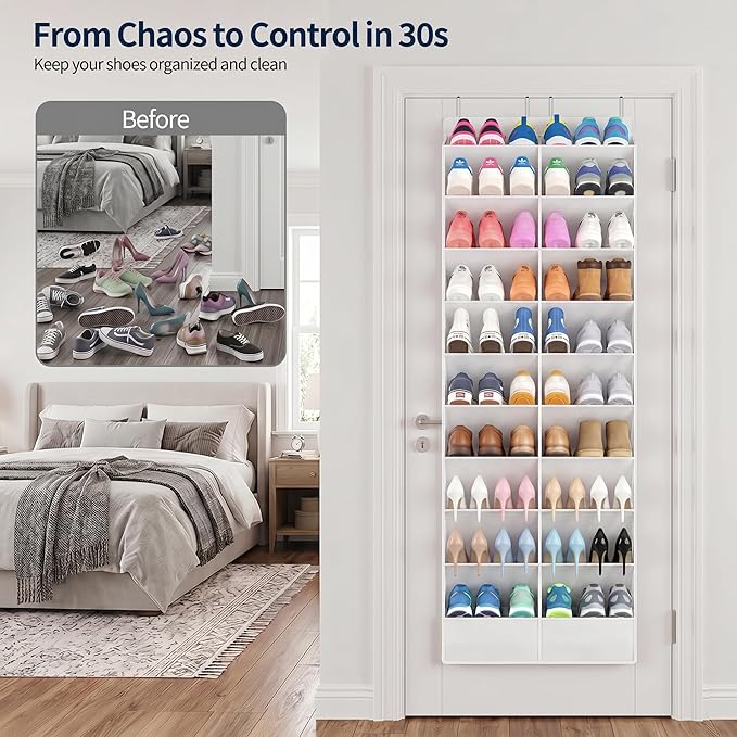 Yecaye 30 Pairs Over the Door Shoe Organizer, Large Capacity Hanging Shoe Rack for Door Hanger with Deep Pockets, Heavy Duty 10 Tier Shoe Holder for Sneakers Boots Heels College Dorm Essentials, White
