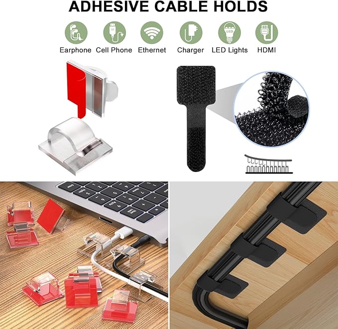 48Pcs Cord Organizer Kit, Reusable Elastic Silicone Cable Ties, Strong Adhesive Cable Clips for Cable Management, Multipurpose Wire Management for Bundling and Fastening Various Wires (Black）