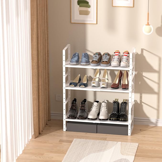 Multi-Functional Metal Shoe Rack,Expandable Adjustable Stackable Kitchen Organizer,Metal Shelf risers for cabinets, Kitchens and Closet, Bathroom(1Pack/White/Large)